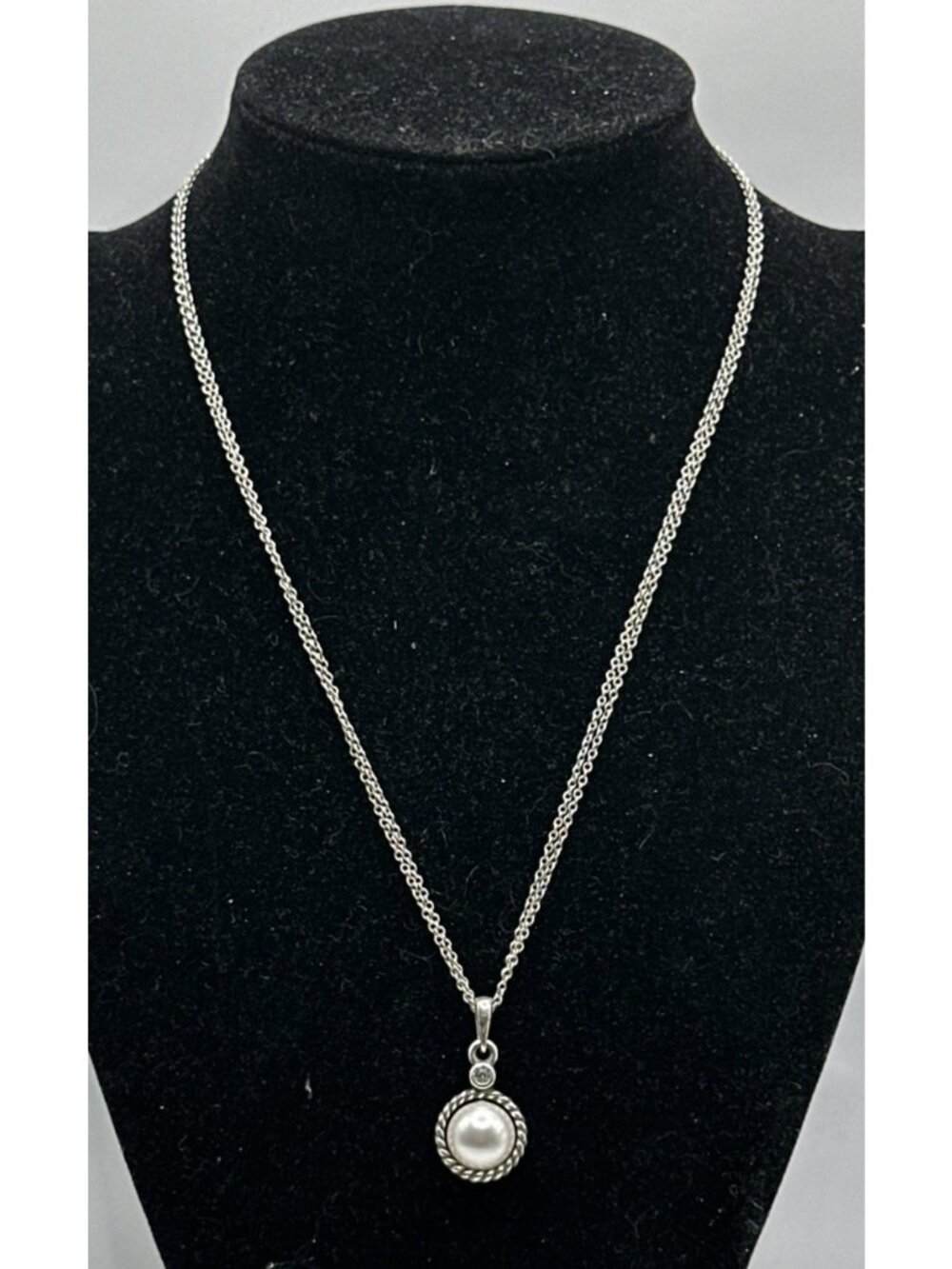 Brighton Pearl Necklace Double Strand Silver Rope Scroll Heart Tag Retired 16” 2